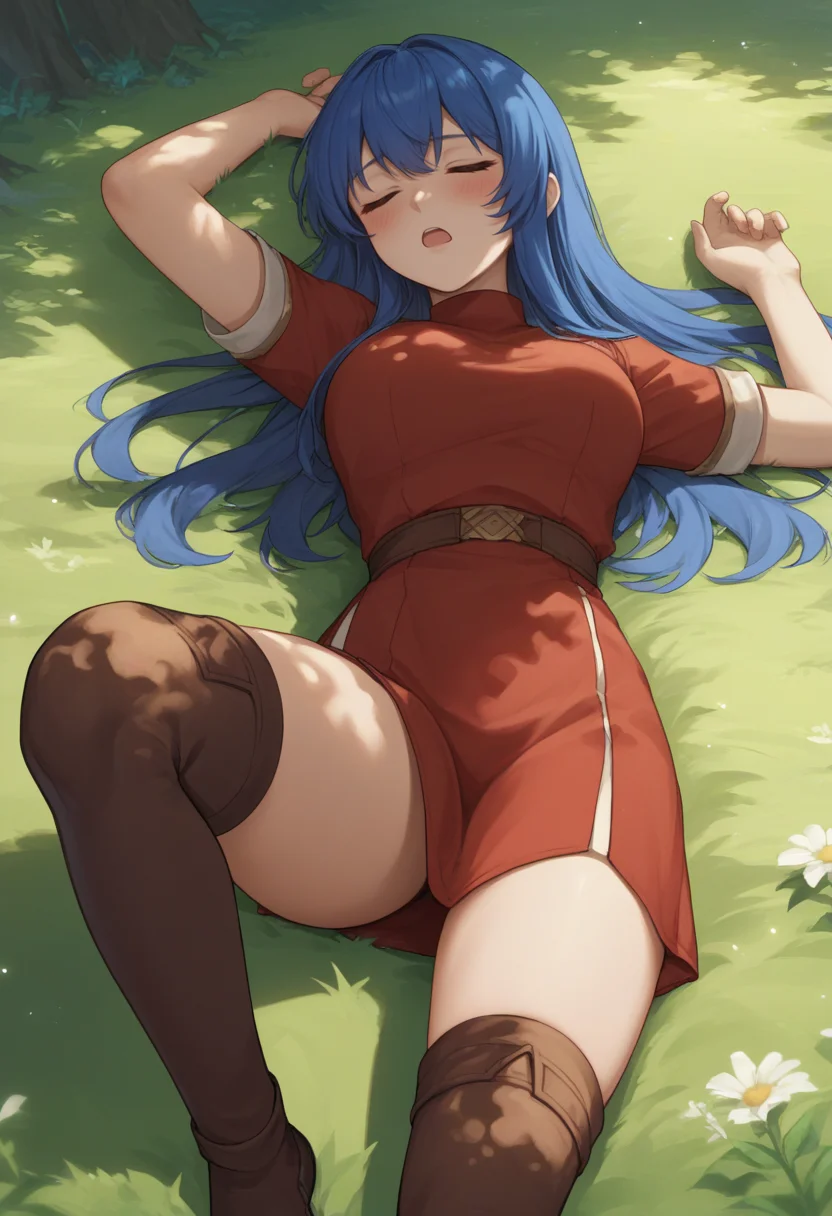 score_9, score_8_up, score_7_up, source_anime BREAK 1girl, solo, <lora:caeda-fe-richy-v1_pdxl:1> caedards, blue hair, long hair, bangs, red shirt, red skirt, short sleeves, bottomless, brown thighhighs, thighs, breasts, outdoors, lying, on back, closed eyes, open mouth, blush, field, dappled sunlight, forest, fantasy
