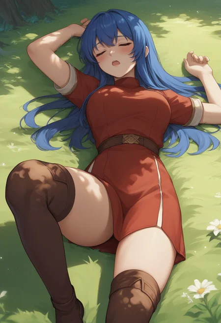 score_9, score_8_up, score_7_up, source_anime BREAK 1girl, solo, <lora:caeda-fe-richy-v1_pdxl:1> caedards, blue hair, long hair, bangs, red shirt, red skirt, short sleeves, bottomless, brown thighhighs, thighs, breasts, outdoors, lying, on back, closed eyes, open mouth, blush, field, dappled sunlight, forest, fantasy