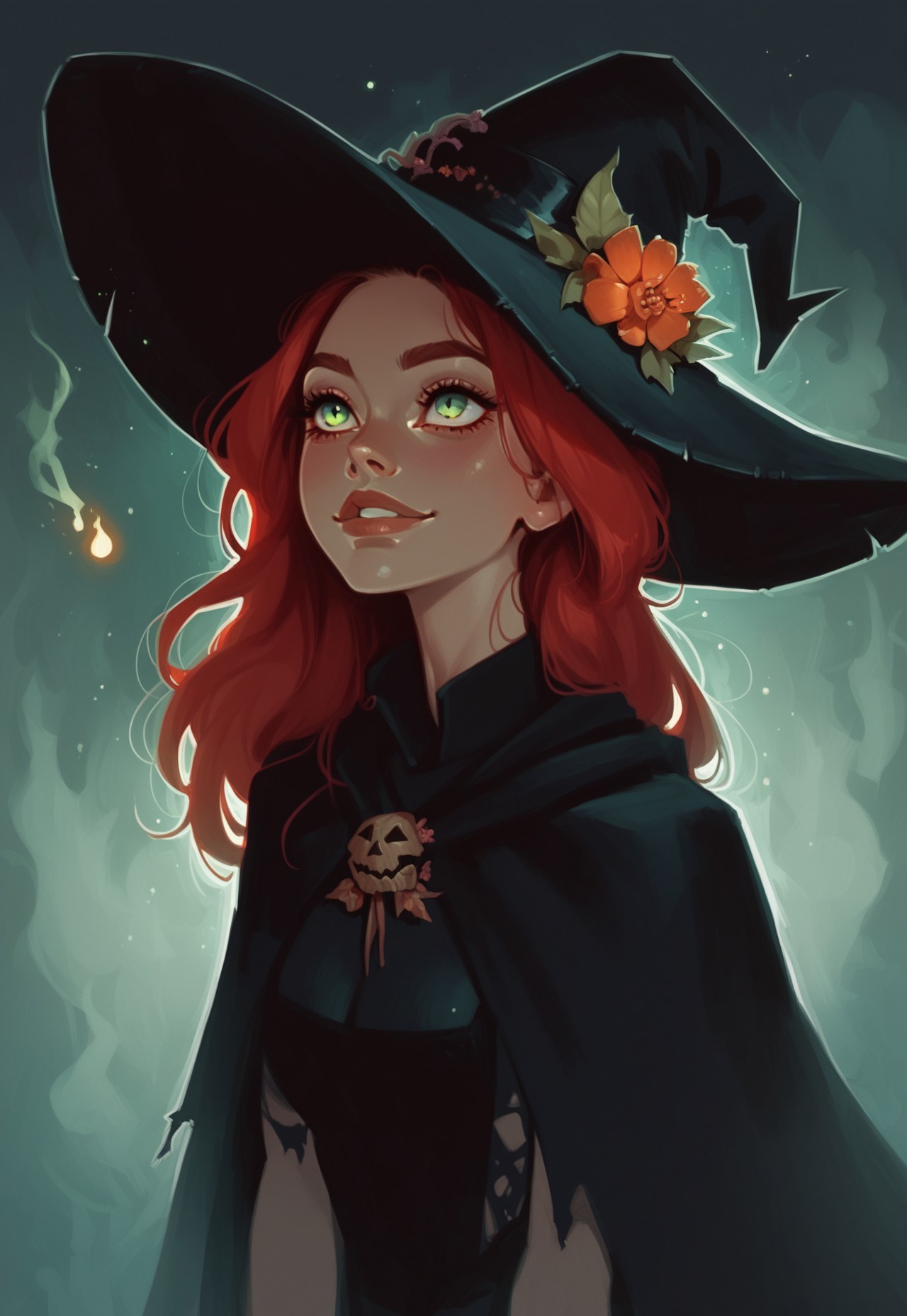 score_9, score_8_up, score_7_up, score_6_up, 1 woman, perfect eyes, flower in hair, soft smile, long hair, red hair, torn clothes, witch hat, magic, (green flames:1.2), night, midnight, fog, halloween, dramatic lighting, backlight, portriat, looking up, rating_safe