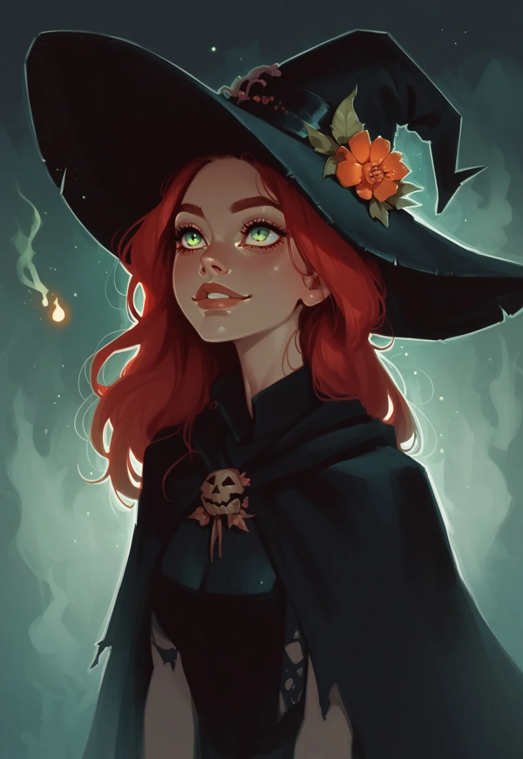 score_9, score_8_up, score_7_up, score_6_up, 1 woman, perfect eyes, flower in hair, soft smile, long hair, red hair, torn clothes, witch hat, magic, (green flames:1.2), night, midnight, fog, halloween, dramatic lighting, backlight, portriat, looking up, rating_safe