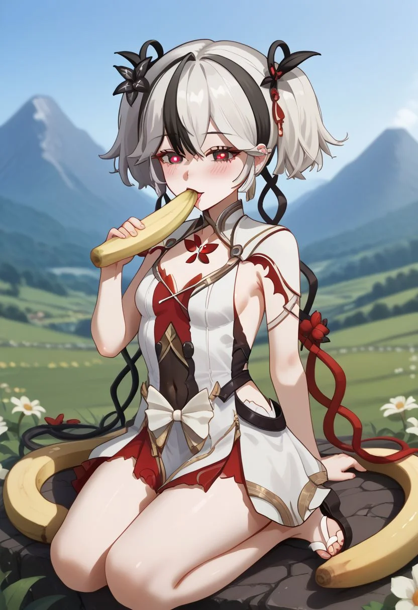 1girl, solo, blush, black hair, hair ornament, dress, navel, short twintails, jewelry, flower, white hair, multicolored hair, small breasts, slate eyes, red pupils, diamond-shaped pupils, Camellya, tacet mark \(wuthering waves\), sitting, seiza, pov, banana between breasts, facing viewer, looking at viewer, licking banana, peeled banana, meadow, mountains, sandals