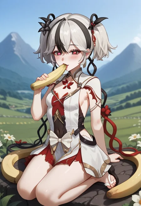 1girl, solo, blush, black hair, hair ornament, dress, navel, short twintails, jewelry, flower, white hair, multicolored hair, small breasts, slate eyes, red pupils, diamond-shaped pupils, Camellya, tacet mark \(wuthering waves\), sitting, seiza, pov, banana between breasts, facing viewer, looking at viewer, licking banana, peeled banana, meadow, mountains, sandals