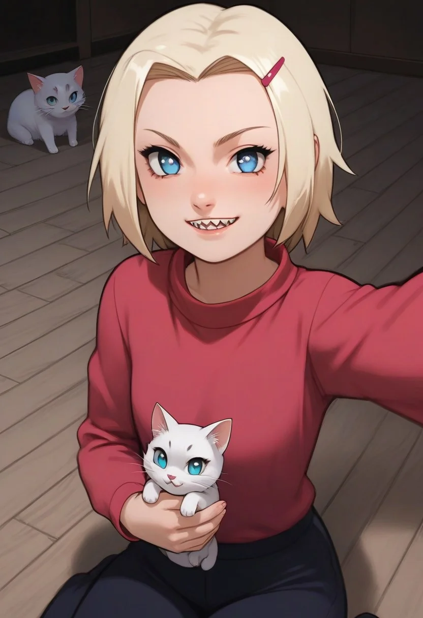 ino, hair ornament, hairclip, 1girl, solo, blonde hair, short hair, blue eyes, smile, looking at viewer, BREAK level_9, level_8_up, level_7_up, source_anime, masterpiece, BREAK naruhodou_artstyle, BREAK outdoor, sweater, selfie
long hair, shirt, cross-shaped pupils, hair between eyes, sharp teeth, smiling,
BREAK
level_9, level_8_up, level_7_up, level_6_up, level_5_up, source_anime, masterpiece
BREAK
laying on the floor, cats, a lot of cats, cats all around, covered in cats, CATS, cat, happy, cats everywhere, cats all over ino cuddling, cute, patting cats, various colors of cats, various cats,