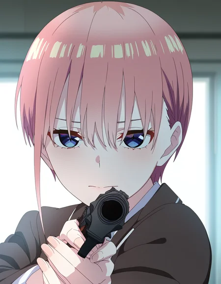 masterpiece, best quality, newest, absurdres, highres, safe,, <lora:ichika-nakano-s2-ponyxl-lora-nochekaiser:1>, ichika nakano, short hair, bangs, blue eyes, hair between eyes, pink hair, pixie cut, large breasts, anime screencap, <lora:center-axis-relock-stance-illustriousxl-lora-nochekaiser:1>, center axis relock stance, looking at viewer, holding, closed mouth, weapon, holding weapon, gun, holding gun, handgun, aiming, finger on trigger, aiming at viewer, m1911,, ,