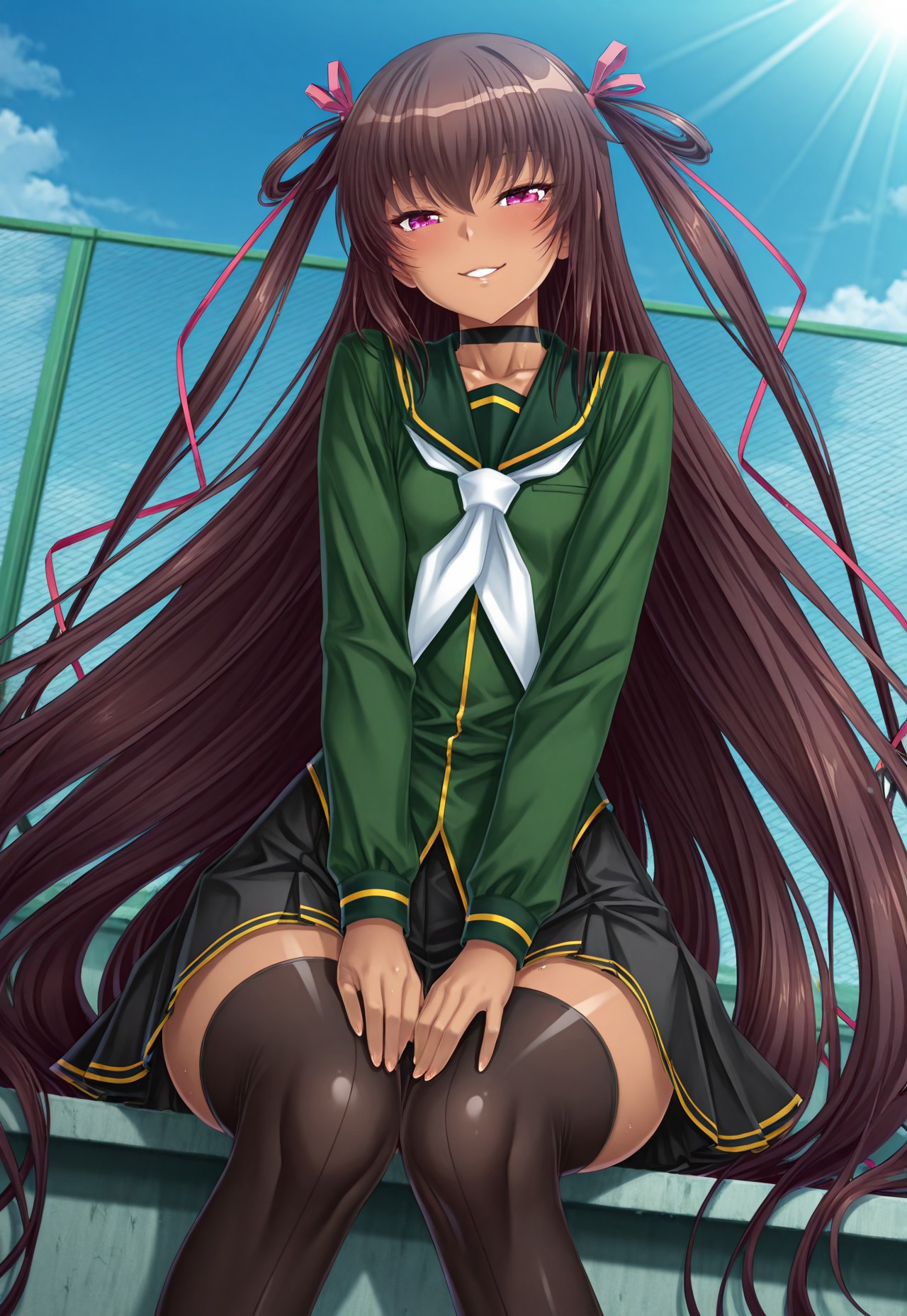 source_anime, taimanin \(series\), taimanin yukikaze, aoi nagisa \(metalder\), (masterpiece:1.3), best quality, ultra-detailed, official art, (visual novel style:1.4), anime CG, vibrant colors, soft shading, delicate linework, expressive eyes, detailed hair flow, dynamic lighting, intricate clothing folds, character accurate, game screenshot aesthetic, high contrast, slight rim light, from below, dutch angle,
break,
solo, alone, sexy, looking at viewer, parted lips, half-closed eyes, sitting, legs together, hands on own legs, happy, smile, school, rooftop, outdoors, chain fence, back against fence, daytime, blue sky, sunlight,
break,
[1girl, shiny skin, shiny clothes, dark skin, dark-skinned female, tan, tanline, mizuki yukikaze, pink eyes, slightly glossy lips, small breasts, very long hair, brown hair, two side up, twintails, hair ribbon, one-piece tan, beautiful delicate hands, slender fingers, perfect manicure, gosya school uniform, gosha academy school uniform, school uniform, long sleeves, black pleated skirt, green shirt, serafuku, white neckerchief, black thighhighs, black choker],