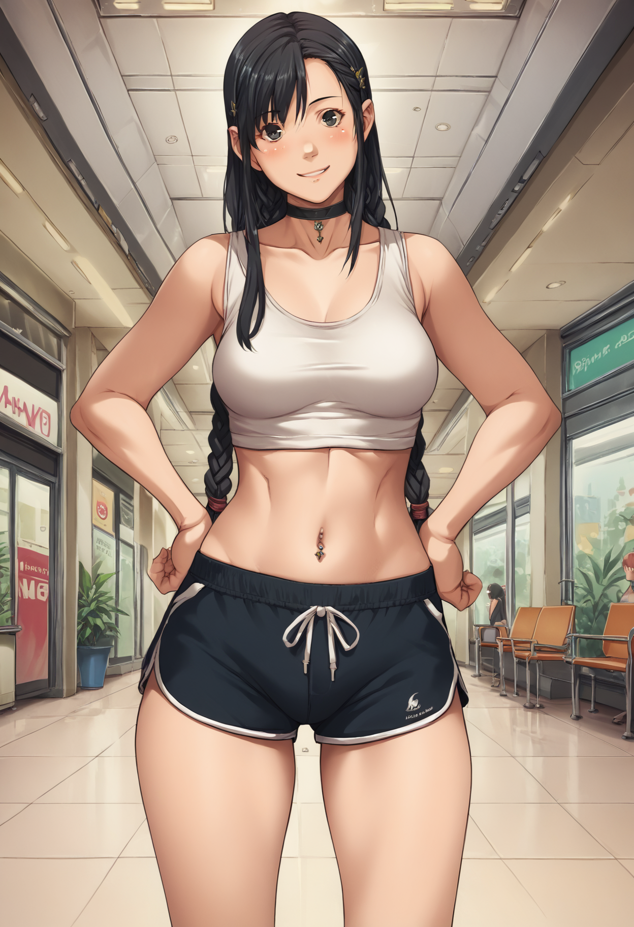 Sei Shoujo Style,  
1 girl,  view from front, 
standing, hands on own hips,
looking at the viewer, smile, blush,
braid, long hair, black hair,
medium breasts, narrow waists, wide hips,
dolphin shorts, white tank top,
choker, Navel piercing,
mall, public, crew,
  <lora:Sei_Shoujo_Style_PonyXL:1>, score_9, score_8_up, score_7_up, score_6_up, score_5_up, score_4_up,