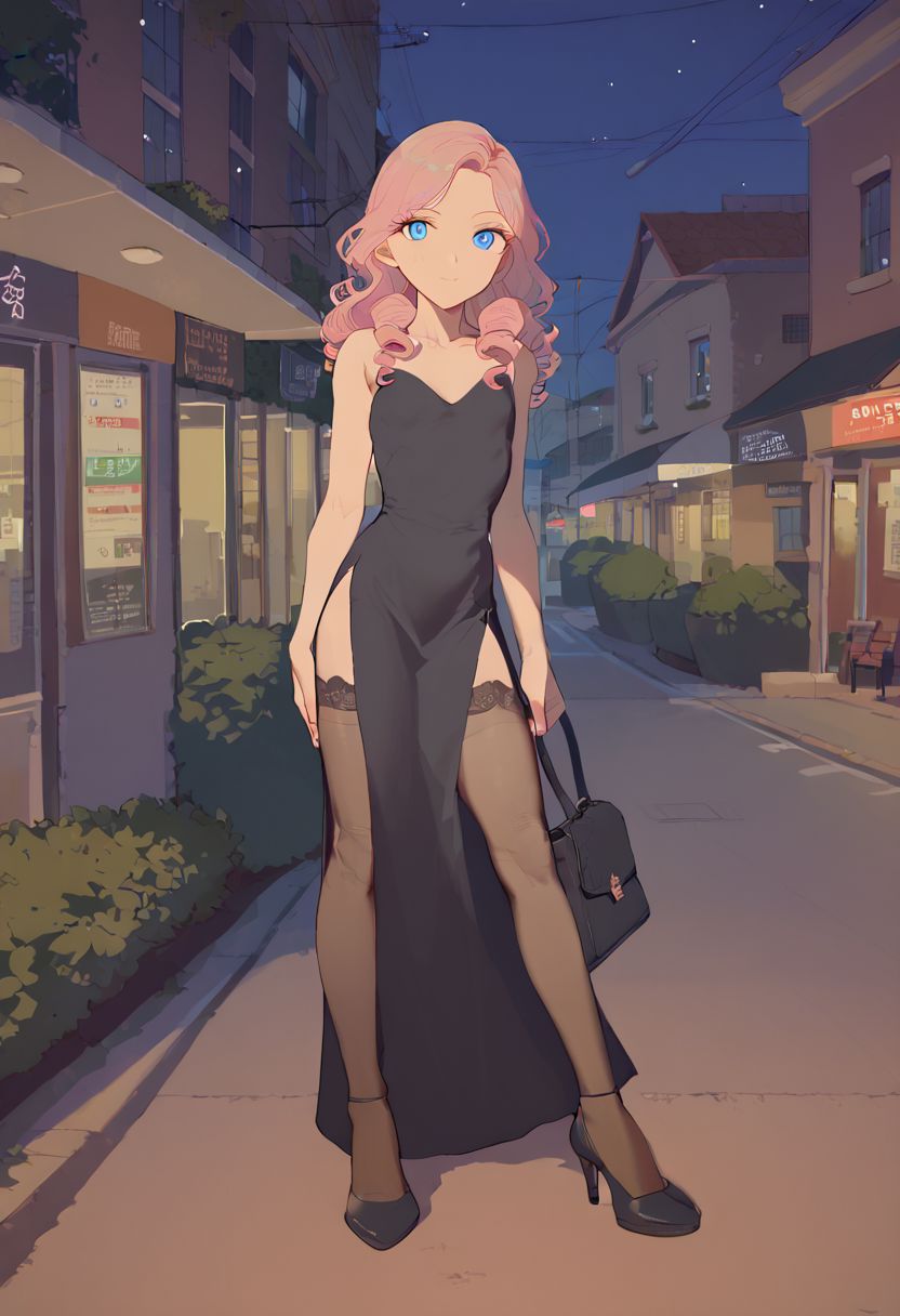 score_9, score_8_up, score_7_up, score_6_up, rating_explicit, vivid, vivid colors, colorful, eye catching, BREAK, solo female, 21 year old woman, (college girlfriend), (flat chest), (long legs), (wide hips:0.5), curly hair, blue eyes, blonde to pink hair color gradient, high slit dress, black evening gown, sheer stockings, tiny black purse, outdoors, Manhattan, Greenwich Village, nighttime, at night, date with your beautiful girlfriend, loving, sweet, (smile:0.5),
