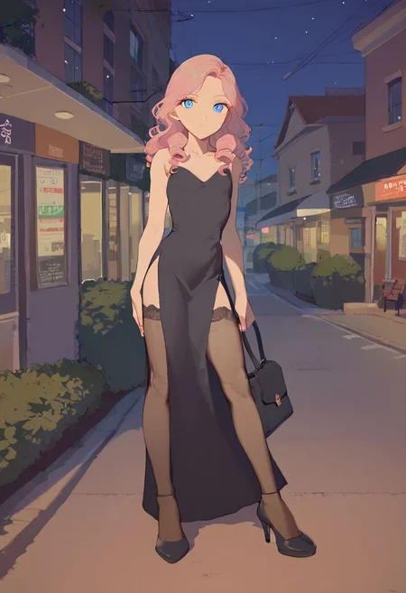 score_9, score_8_up, score_7_up, score_6_up, rating_explicit, vivid, vivid colors, colorful, eye catching, BREAK, solo female, 21 year old woman, (college girlfriend), (flat chest), (long legs), (wide hips:0.5), curly hair, blue eyes, blonde to pink hair color gradient, high slit dress, black evening gown, sheer stockings, tiny black purse, outdoors, Manhattan, Greenwich Village, nighttime, at night, date with your beautiful girlfriend, loving, sweet, (smile:0.5),