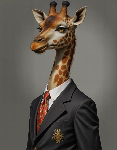 Rembrandt style <lora:funnys:1>, This is an ultra-realistic, highly detailed portrait of a giraffe rendered with meticulous attention to texture, lighting, and whimsical contrast. The giraffe stands confidently against a smooth gradient grey background that transitions from a deep charcoal at the bottom to a soft silvery hue near the top, creating a neutral yet dynamic setting that highlights every intricate detail of the subject.
The giraffeâs body is tall and elegant, covered in a patchwork of irregular, golden-brown spots that vary subtly in tone and texture. Each spot has a velvety sheen under the soft, diffused lighting, with faint ridges and fine hairs visible along their edges where light catches the coarse surface of its coat. Beneath the patterned skin lies a sense of underlying musculature, emphasized by subtle shadows that trace the contours of its neck, legs, and torso. The skin around its joints and underbelly is smoother and lighter in color, with delicate folds that add a tactile realism to its form.
Its face features sharp, lifelike details: large, expressive eyes are framed by long, dark lashes and adorned with intricate patterns unique to each individual giraffe. The eyes shimmer faintly, reflecting hints of amber and hazel that give them a warm, intelligent gaze. Tiny wrinkles radiate outward from the corners of its eyes and mouth, adding depth and character to its expression. Its nostrils flare slightly, capturing the essence of calm alertness, while its lipsâsoft and flexibleâare curled into a gentle, curious smile.
The giraffe dons a tailored charcoal-grey business suit that fits snugly over its slender frame, blending professionalism with a touch of surreal humor. The suit jacket is impeccably cut, with sharp lapels and subtle shoulder padding that accentuates its poised demeanor. However, the fabric of the suit is anything but ordinaryâit features a playful pattern of dancing Mickey Mouse figures , rendered in vibrant shades of red, yellow, and black. Each Mickey figure strikes a different pose, mid-twirl or mid-jump, creating a lively, almost animated effect across the otherwise formal attire.
Beneath the suit jacket, the giraffe wears a crisp white dress shirt, slightly rumpled as if it's been worn through a busy day. A bright red silk tie completes the ensemble, knotted neatly at its throat, though one end hangs slightly askew, hinting at a carefree attitude despite the polished appearance. The tie is adorned with tiny embroidered Mickey silhouettes, tying the whimsical theme together seamlessly.
Lighting plays a crucial role in this piece, with soft, even illumination casting gentle shadows that accentuate the giraffe's three-dimensional form. Subtle highlights run along the ridges of its ossicones (the horn-like structures atop its head), the curve of its ears, and the raised fibers of its fur, while deeper shadows pool within the folds of its skin and the creases of its clothing. This interplay of light and shadow creates a masterfully realistic rendering, drawing the viewerâs eye to the intricate textures and imperfections that define the giraffe's character.
Every element of this portraitâfrom the carefully crafted texture of the giraffe's spotted coat to the whimsical dancing Mickeys on its business suitâhas been meticulously designed using advanced CGI techniques combined with photorealistic textures. The result is an unparalleled level of realism that blurs the line between digital art and photography, inviting viewers to linger over the smallest details and marvel at the juxtaposition of sophistication and playfulness in this unconventional yet compelling subject. . Baroque, chiaroscuro, realistic, emotional, "flat lighting