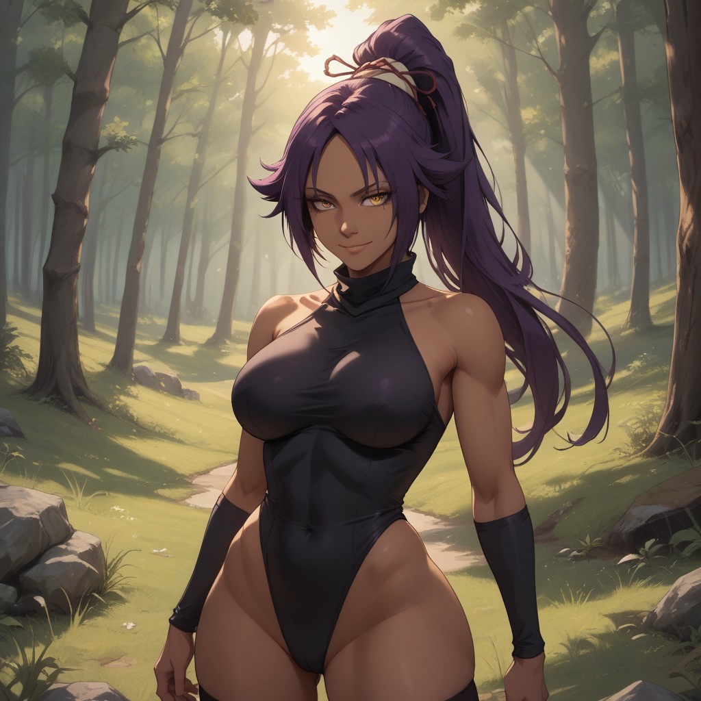 score_9, score_8, BREAK, solo, shihouin yoruichi, 1girl, golden eyes, long hair, purple hair, bangs, ponytail, black leotard, black thighhighs, large breasts, masterpiece, bleach, sexy pose, self portrait, smile, outdoors, sunlight, shadows, evening lighting, natural lighting, forest, trees, grass, orange sky, sunset