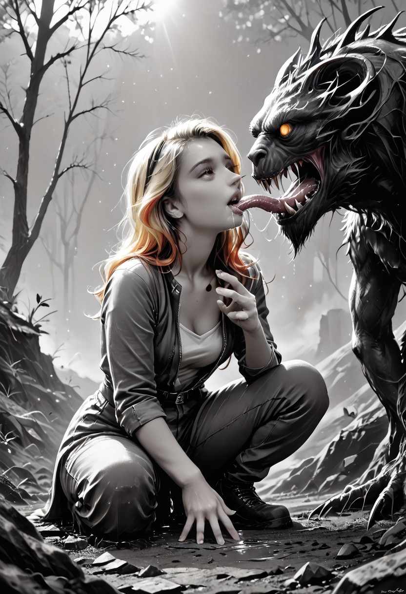((( beasts lick the hand dry, girl is the only source of water for thirsty beasts ))), front view, pov, 
score_9, score_8_up, score_7_up, Realistic, cinematic shot, selective color, monochrome background, grayscale, 4k, Gadget, rear view,
20yo, blonde, correct hand anatomy, red hair highlights, front highlights, wide face, perfect face, stunning, breathtaking face, detailed face, expressive eyes, extremely cute, medium boobs, round stomach, sexy, happy, pleasure, 
Squatting, (((Spits in her hand, stream of spit from mouth down to palm, puddle of spit in the hand, extreme saliva, cupped hand, offering her saliva)))
Pear-shaped figure, short female, stocky, perfect round butt, wide hips, narrow waist, strong legs, thick thighs, long legs, short torso, narrow shoulders, 
Work clothes, tee,
(((Thirsty beasts, monsters, extremely thirsty, urgent licking, drinking spit, lick girl’s hand, licking fingers, precious drops,)))
Multiple beasts, alien life form ,weird alien species, strong, large, non-humanoid, fur, size difference, height difference, extra-terrestrial,
Detailed background, black and white background , alien world, scorched desert, scorching sun, impossible landscape, two moons, outdoors, open space, hot cracked ground,
highres, absurdres, in focus, hetero, hand focus,
easynegative, CyberRealisticPony_POSV1, Stable_Yogis_PDXL_Positives, negative_hand, ALRGFC, alluring face, realistic, Gadget, SelectiveColorStyle, 1colorpop, 2colorpop
