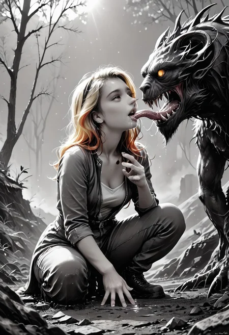((( beasts lick the hand dry, girl is the only source of water for thirsty beasts ))), front view, pov, 
score_9, score_8_up, score_7_up, Realistic, cinematic shot, selective color, monochrome background, grayscale, 4k, Gadget, rear view,
20yo, blonde, correct hand anatomy, red hair highlights, front highlights, wide face, perfect face, stunning, breathtaking face, detailed face, expressive eyes, extremely cute, medium boobs, round stomach, sexy, happy, pleasure, 
Squatting, (((Spits in her hand, stream of spit from mouth down to palm, puddle of spit in the hand, extreme saliva, cupped hand, offering her saliva)))
Pear-shaped figure, short female, stocky, perfect round butt, wide hips, narrow waist, strong legs, thick thighs, long legs, short torso, narrow shoulders, 
Work clothes, tee,
(((Thirsty beasts, monsters, extremely thirsty, urgent licking, drinking spit, lick girl’s hand, licking fingers, precious drops,)))
Multiple beasts, alien life form ,weird alien species, strong, large, non-humanoid, fur, size difference, height difference, extra-terrestrial,
Detailed background, black and white background , alien world, scorched desert, scorching sun, impossible landscape, two moons, outdoors, open space, hot cracked ground,
highres, absurdres, in focus, hetero, hand focus,
easynegative, CyberRealisticPony_POSV1, Stable_Yogis_PDXL_Positives, negative_hand, ALRGFC, alluring face, realistic, Gadget, SelectiveColorStyle, 1colorpop, 2colorpop