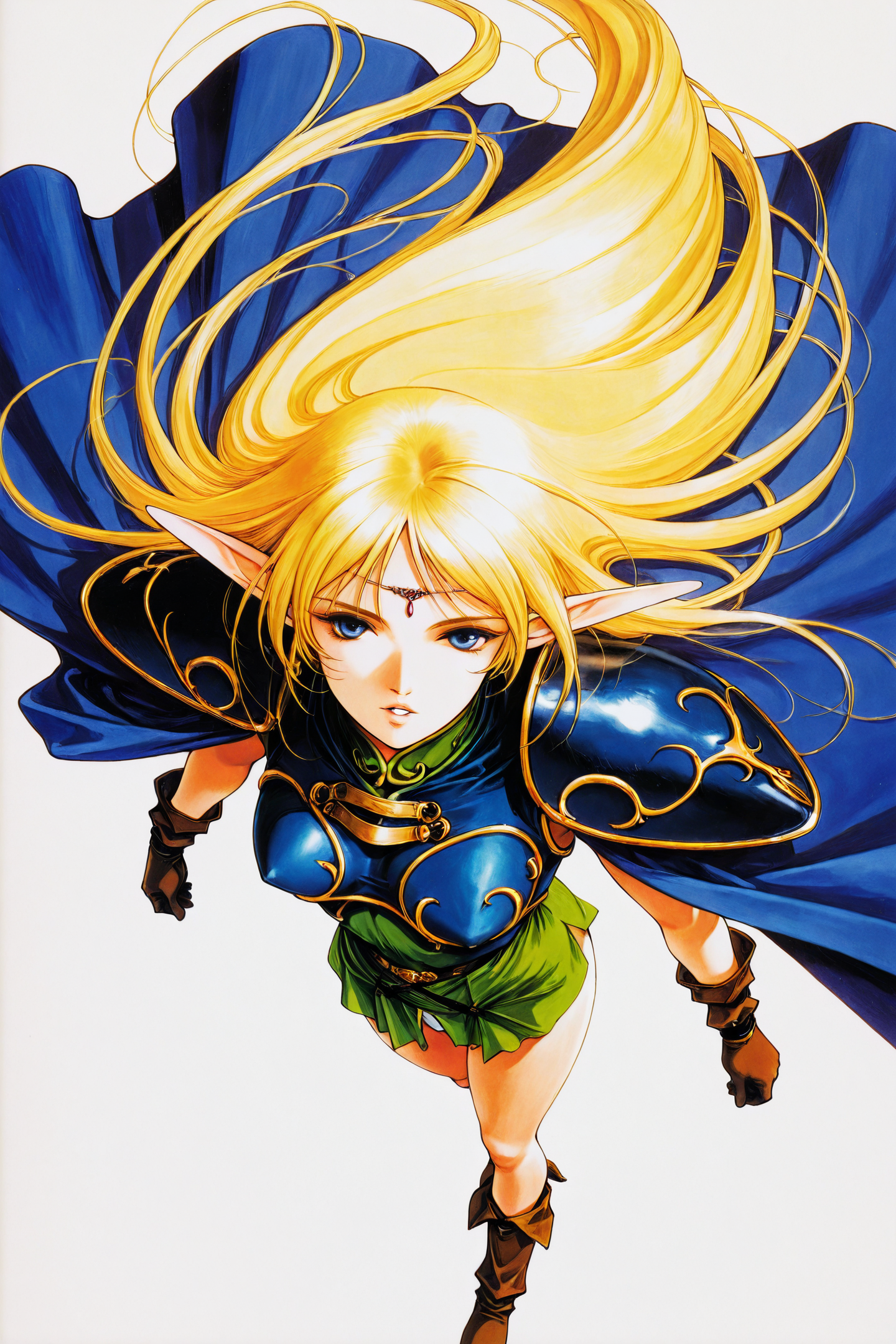 1girl,Deedlit,solo,pointy ears,long hair,blonde hair,gloves,elf,cape,blue cape,blue eyes,boots,from above,circlet,very long hair,shoulder armor,parted lips,looking at viewer,white background,retro artstyle,traditional media,
<lora:yuuki nobuteru_illustriousXL:0.4>,
<lora:Ogure Ito_illustriousXL:1>,