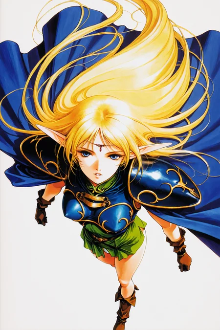 1girl,Deedlit,solo,pointy ears,long hair,blonde hair,gloves,elf,cape,blue cape,blue eyes,boots,from above,circlet,very long hair,shoulder armor,parted lips,looking at viewer,white background,retro artstyle,traditional media,
<lora:yuuki nobuteru_illustriousXL:0.4>,
<lora:Ogure Ito_illustriousXL:1>,
