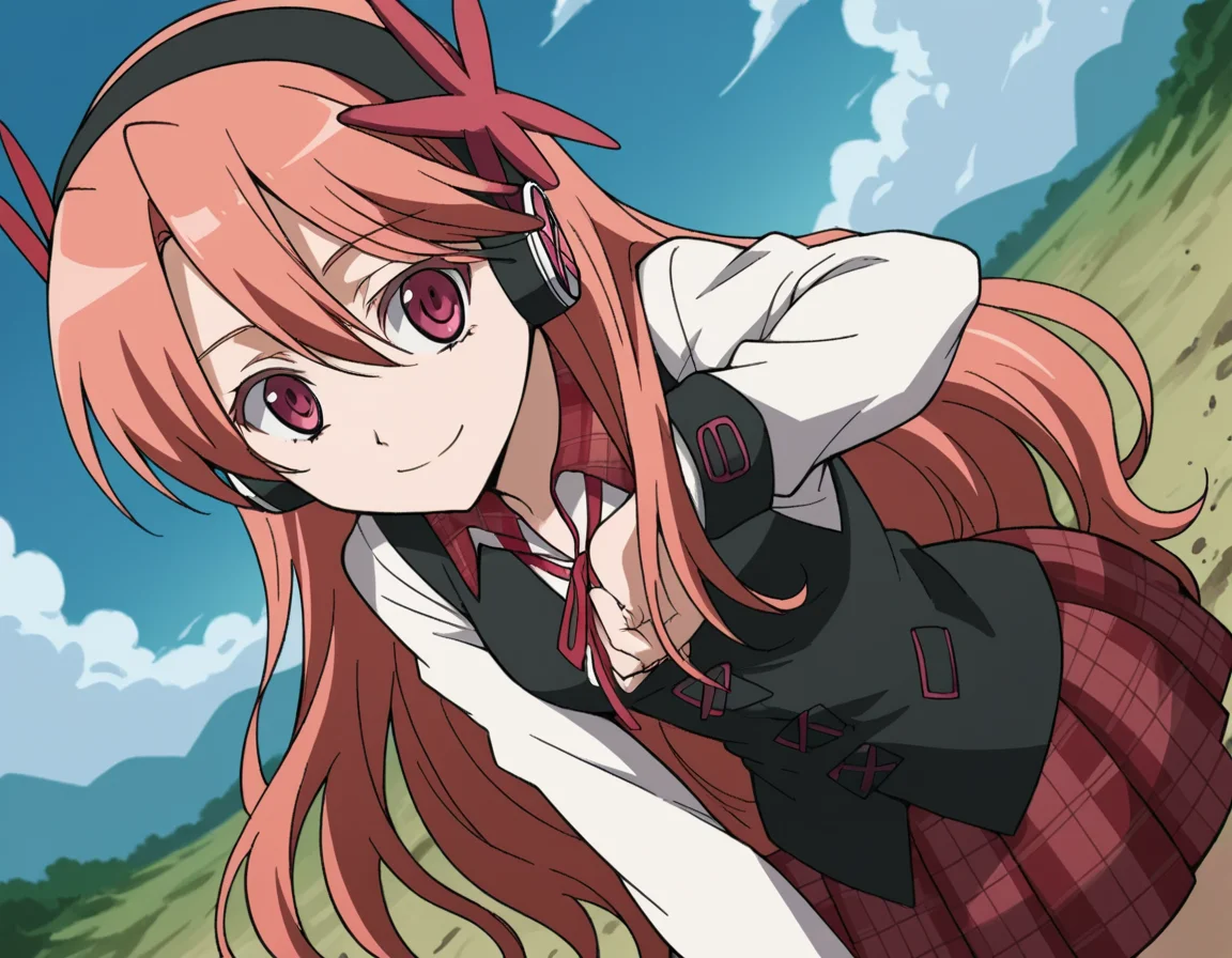 score_9, score_8_up, score_7_up, source_anime,
agkchelsea, <lora:agk-chelsea-s1-ponyxl-lora-nochekaiser:1>,
chelsea, pink eyes, hair between eyes, long hair, pink hair, straight hair,
collared shirt, diagonal stripes, dress shirt, hair ornament, headphones, long sleeves, neck ribbon, plaid, plaid skirt, pleated skirt, red ribbon, red skirt, ribbon, shirt, skirt, striped, vest, white shirt, wing collar,
wasteland, smile, bent over,
cowboy shot, solo, dutch angle, looking at viewer,