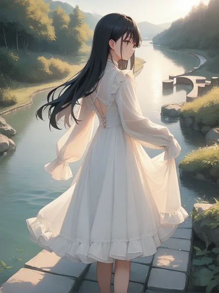 score_9, score_8_up, score_7_up, score_6_up, source_anime, <lora:cutesy_dress_v0.2-pony:1> 
1girl, long hair, black hair,
white dress, frilled dress, sleeves past wrists, see-through,
river, bridge, looking back,
sunlight,
