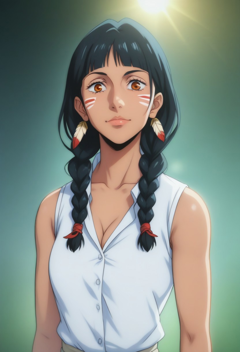 score_9, score_8_up, score_7_up, source_anime, intricate details, anime screencap, perfect balance, official art, extremely detailed CG unity 8k wallpaper, perfect lighting, Colorful, Warm_Front_face_Lighting, (masterpiece:1.0),(best_quality:1.0), ultra high res,4K,ultra-detailed, photography, 8K, HDR, highres, absurdres:1.2, Kodak portra 400, blurry background, bokeh, lens flare, (Anime) (vibrant_color:1.2), professional photograph, night, (cute_face:1.2), 2d, anime, upper body, intricate iris, American, Professional character design, 1girl, female focus, (Orange eyes), perfect eyes, (black-hair), Native American, Indigenous, American Indian, youthful, solo, jujutsu_kaisen_style, character portrait, (perfect-lighting), face, young, (Dark-black-hair), Long hair, (Native American), Indigenous, American Indian, (((wild eyes))), (Native North American), (Upturned eyes), (high cheekbones), (strong jawline), (Black Hair), ((((Native-American-Eagle-feather-braids, Native American Eagle feather accessories)))), (((wild eyes))) ((Bobbed Bangs)) (((Slanted-Eyes))) (Psycho) (Happy) (Friendly) (Goofy) (White Dress Shirt), (Warpaint), (Redwood Forest, Pacific Northwest Forests), (Inuit), (Tan skin), (Dark Skin), (Brown skin), (bobbed hair), White Eagle-Feather-Earrings, Thick Bangs, Bobbed hair, Bob-cut, White-Feather-Earrings, Brown-skin, Inuit Face-paint, Full-Bangs, Wide-Bangs, Thick-Hair, Native Face-paint, cleavage, (Sleeveless White Dress Shirt)