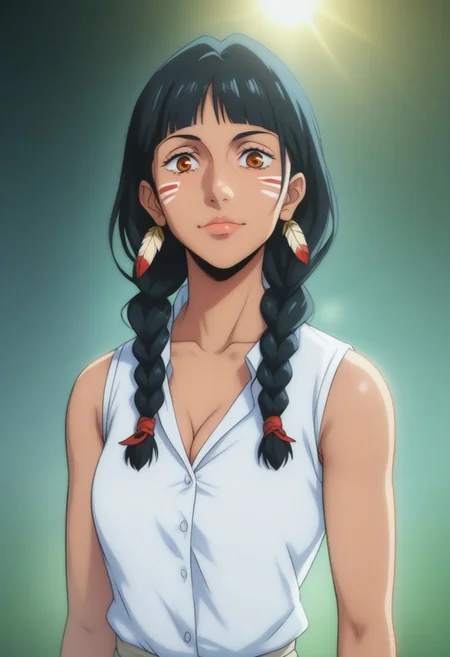 score_9, score_8_up, score_7_up, source_anime, intricate details, anime screencap, perfect balance, official art, extremely detailed CG unity 8k wallpaper, perfect lighting, Colorful, Warm_Front_face_Lighting, (masterpiece:1.0),(best_quality:1.0), ultra high res,4K,ultra-detailed, photography, 8K, HDR, highres, absurdres:1.2, Kodak portra 400, blurry background, bokeh, lens flare, (Anime) (vibrant_color:1.2), professional photograph, night, (cute_face:1.2), 2d, anime, upper body, intricate iris, American, Professional character design, 1girl, female focus, (Orange eyes), perfect eyes, (black-hair), Native American, Indigenous, American Indian, youthful, solo, jujutsu_kaisen_style, character portrait, (perfect-lighting), face, young, (Dark-black-hair), Long hair, (Native American), Indigenous, American Indian, (((wild eyes))), (Native North American), (Upturned eyes), (high cheekbones), (strong jawline), (Black Hair), ((((Native-American-Eagle-feather-braids, Native American Eagle feather accessories)))), (((wild eyes))) ((Bobbed Bangs)) (((Slanted-Eyes))) (Psycho) (Happy) (Friendly) (Goofy) (White Dress Shirt), (Warpaint), (Redwood Forest, Pacific Northwest Forests), (Inuit), (Tan skin), (Dark Skin), (Brown skin), (bobbed hair), White Eagle-Feather-Earrings, Thick Bangs, Bobbed hair, Bob-cut, White-Feather-Earrings, Brown-skin, Inuit Face-paint, Full-Bangs, Wide-Bangs, Thick-Hair, Native Face-paint, cleavage, (Sleeveless White Dress Shirt)