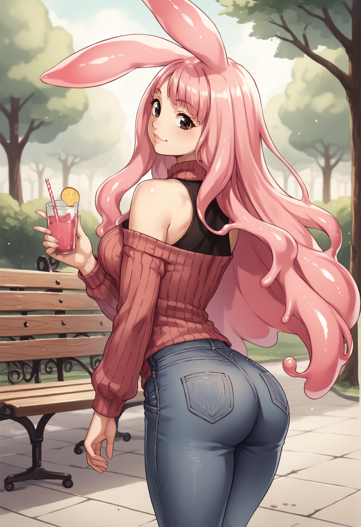 1girl, Clover-Shaped Pupils, Symbol-Shaped Pupils, black eyes, long hair, pink hair, animal ears, rabbit ears, slime girl, outdoors, walking, park, bench, ass, jeans, sweater, turtleneck, bare shoulders, holding drink, smile, looking at viewer, upper body <lora:Melona:1>, score_9, score_8_up, score_7_up, score_6_up, score_5_up, score_4_up, BREAK source_anime, masterpiece