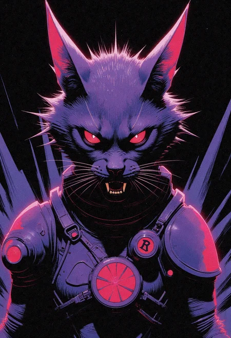 A mesmerizing digital painting captures the eerie, haunting beauty of a close-up view of an Info Dealerbeastmaster's fearsome Gajalaka Palico face. The subject is surrounded by intricate details that showcase his unique riot shield emblem adorning his armor, as well as every groove and texture in the creature's leathery skin, sharp teeth, beady eyes, and sinewy muscles accentuated by his intimidating riot shield. This modern dark fantasy artwork masterfully captures the unsettling yet intriguing allure of this cat-like creature from the world of Monster Hunter. The artist uses bold colors, heavy brushstrokes, intricate linework, and expert use of light and shadow to create an atmosphere of foreboding tension, showcasing the formidable Gajalaka in its macabre glory within the realm of modern dark fantasy art., <lora:test2-000013-nistyle:0.5> Nistyle,<lora:Reticulating_Noise_Gradient_Flux:0.3> Reticulating Noise Gradient, noisy, grain-shaded gradient, vibrant neon fluorescent hues, grainy, pixelated texture, filter-enhanced, stylized image, monochromatic color scheme, neon fluorescent theme,<lora:Wiz-Arcana-Spectral_Glow:0.35> spectral glow, chromatic grain, motion blur, diffuse silhouette, light leak effect, prism effect, inverted negative film, ethereal, <lora:DND_GRAINYBOYZ_FG_FLUX_V2_ROMULUS_Lora:0.35><lora:DND_COLORBOYZ_FG_FLUX_REMUS_Lora:0.25> DNdGr41nyB0yz style, <lora:ck-greasepencil-000018:0.5> high quality fine line concept art drawing in the style of ckgp