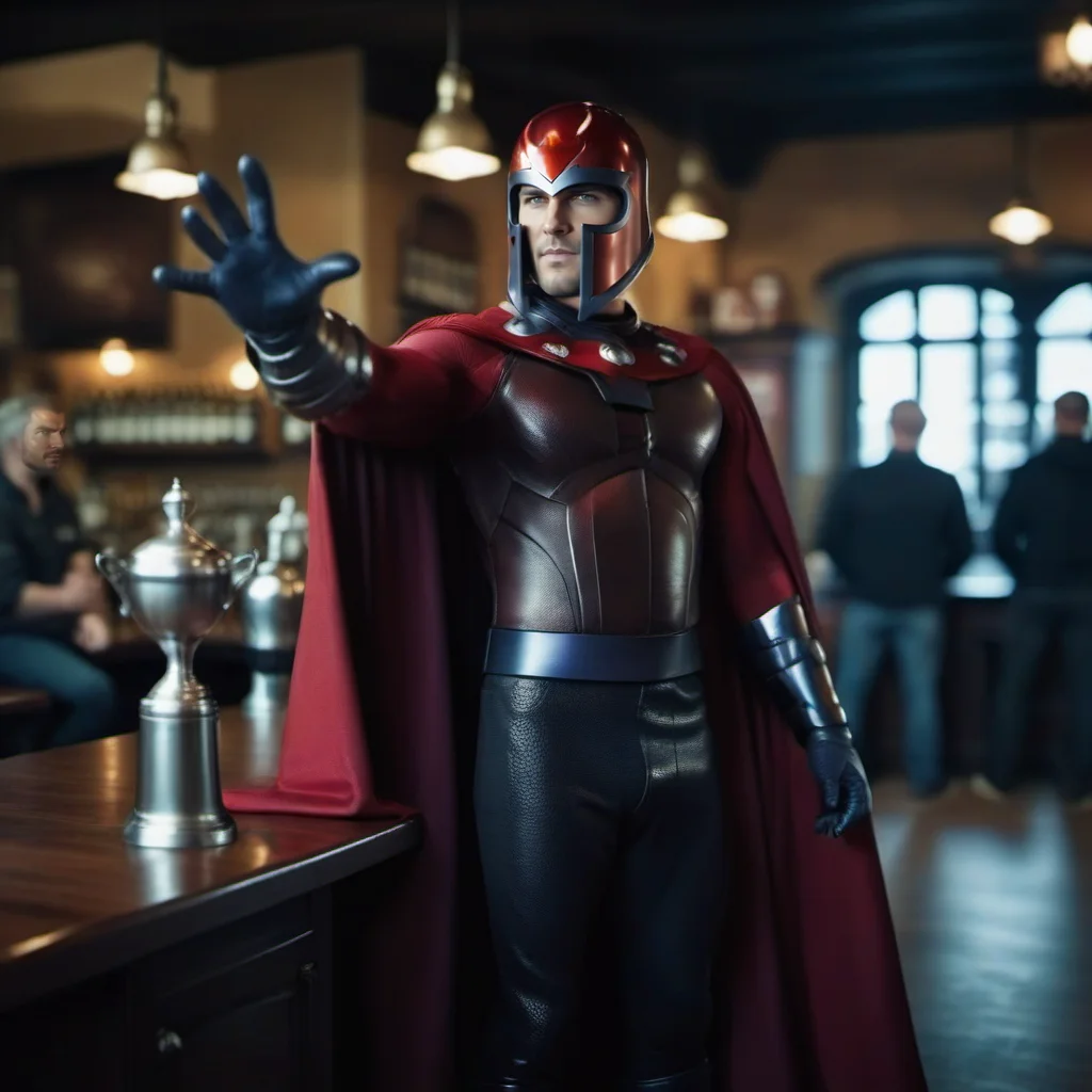 cinematic photo full body man with a helmet and a cape is look intensely, opened hands casting a spell, a metal mug on a counter in a pub <lora:Magneto1024:0.8> . 35mm photograph, film, bokeh, professional, 4k, highly detailed