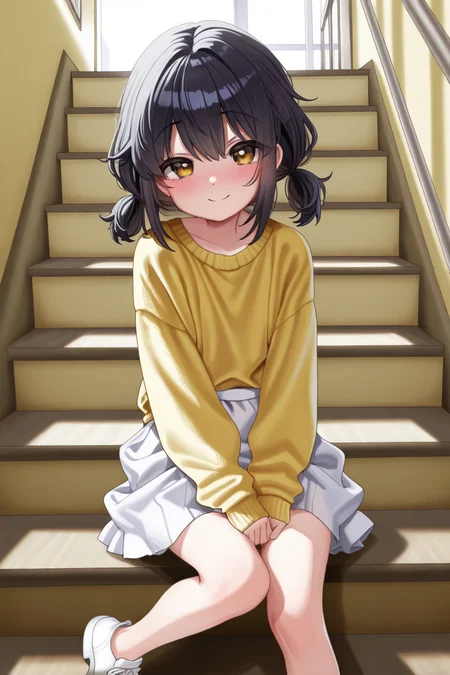 masterpiece, best quality, amazing quality,
<lora:Hayama_IL:1> hayamasalt, 1girl, solo, sitting, stairs, skirt, black hair, white skirt, sweater, blush, looking at viewer, smile, yellow sweater, white footwear, twintails, shoes, long sleeves, skirt