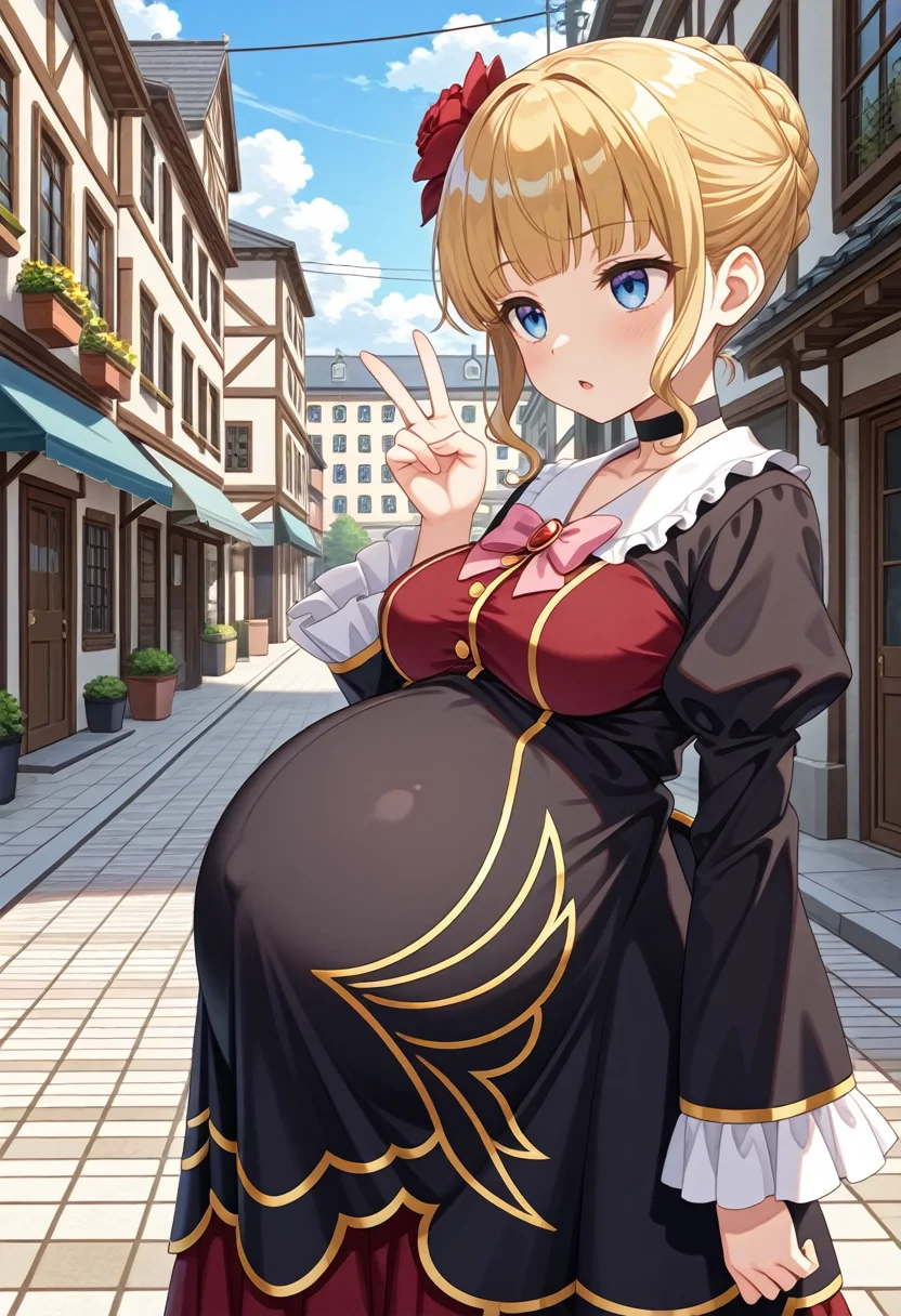 STYLE(comfy++,none) masterpiece, best quality, absurdres, 1girl, cura, azuuru, torino aqua, 1girl, beatrice \(umineko\), umineko no naku koro ni, blue eyes, blonde hair, hair flower, dress, choker, medium breasts, pregnant, big belly, standing, closed eyes, grimace, chestnut mouth, looking ahead, breast suppress, v, arm at side, cowboy shot, from side, day, street, game cg, <lora:Pregnancy_Slider:1.2> <lora:pregnantv7_c:0> <lora:pregnantv7_l:0> <lora:pregnantv7_te:0> <lora:pregnantv7_clte:1> <lora:dmd2_sdxl_4step_lora_fp16:1>