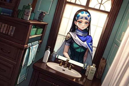 highly insanely detailed, masterpiece, top quality, best quality, highres, 4k, 8k, RAW photo, (very aesthetic, beautiful and aesthetic),
beth_\(megami_tensei\),bethsmtii,shin megami tensei ii,long hair,black hair,straight hair,sleek black,jewelry,cross,headband,red_lipstick,messian_cross_earrings,cross_earrings,religious_earrings,messian_symbol_jewelry,bandana_with_messian_symbol,Religious_bandana,symbol_headband,messian_church_bandana,white cape,cape_with_messian_symbol,Religious_cape,messian_symbol_cape,holy_knight_cape,Blue_dress,armored_corset,blue shirt,katana,sword,
<lora:zs_Beth:0.8>,
(1girl:1.3), 1other,
bathroom with a sink with bath,handrails,soap bottle,soap,chitin bathroom,chitin a sink,chitin handrails,chitin faucet,chitin mirror,chitin toilet,chitin window,chitin,(chitin theme:1.2),(rough jagged texture:1.3),glow,jade,âââ