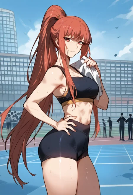 zPDXL3, score_9_up, score_8_up, score_7_up, (Anime_source), 1girl, FengLing, red eyes, orange hair, long hair, ponytail, looking at viewer, cowboy shot, from side, toned, sport bra, shorts, thighs, thigh gap, ass, sweat, gym, twisted torso, hand up, hips, hand on own hip, holding towel