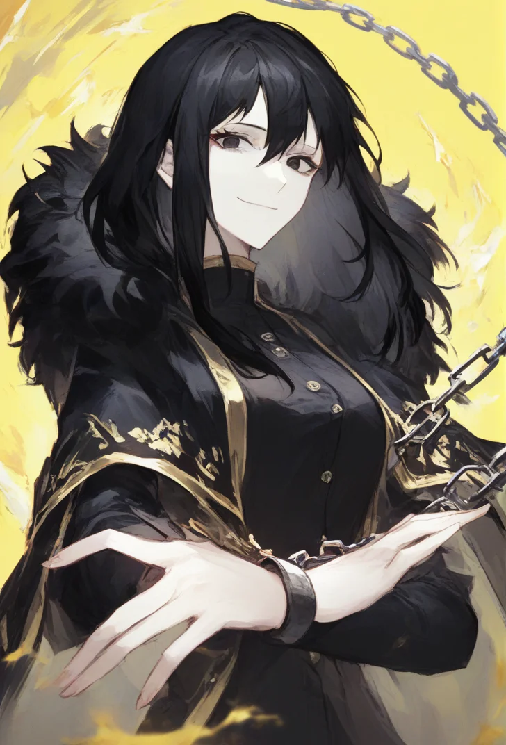 (score_9, score_8_up:1.1), score_7_up, masterpiece, perfect face, beautiful face, perfect hands, beautiful hands, <lora:Zena_LOR:1>, ZenaLOR, solo, long hair, looking at viewer, smile, bangs, black hair, 1girl, hair between eyes, closed mouth, jacket, upper body, female focus, medium hair, black eyes, black jacket, fur trim, buttons, chain, pale skin, yellow background