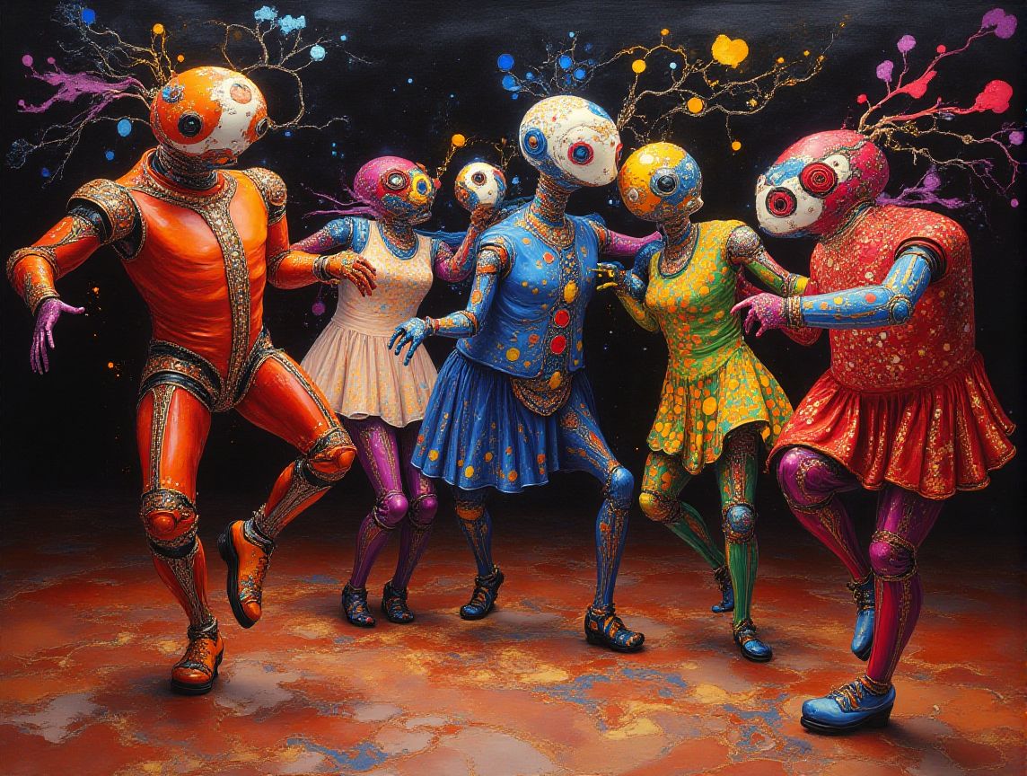 pipework robot dancing the Charleston <lora:Midjourney_Whisper_Chromaplex_Velvet_Myst_v01:0.8> <lora:Paper_Marbling_Flux:0.5>
