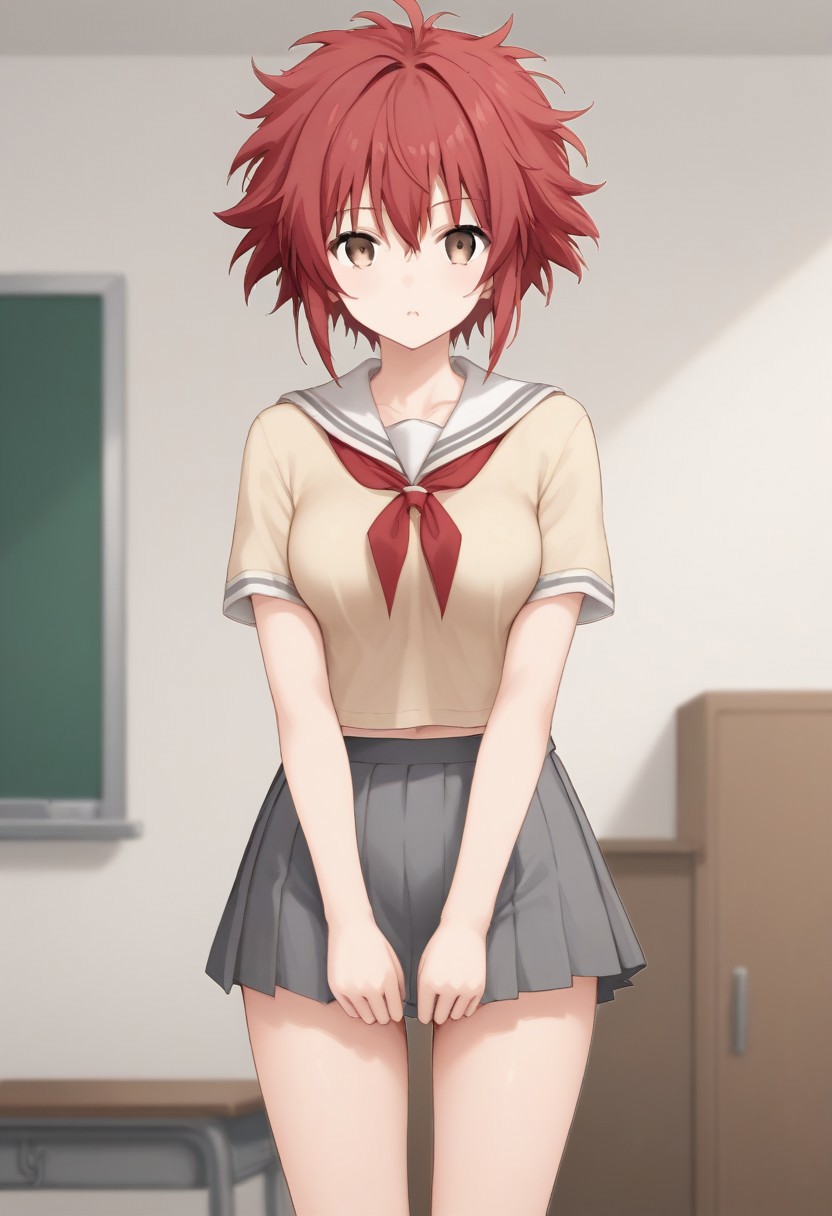 best quality,(SFW:1.5),(source_anime:1.5),1girl,ARTI,tsurime,small dark brown eyes,very short hair,messy hair,crimson hair,medium breasts,school uniform,gray skirt,BREAK,class room