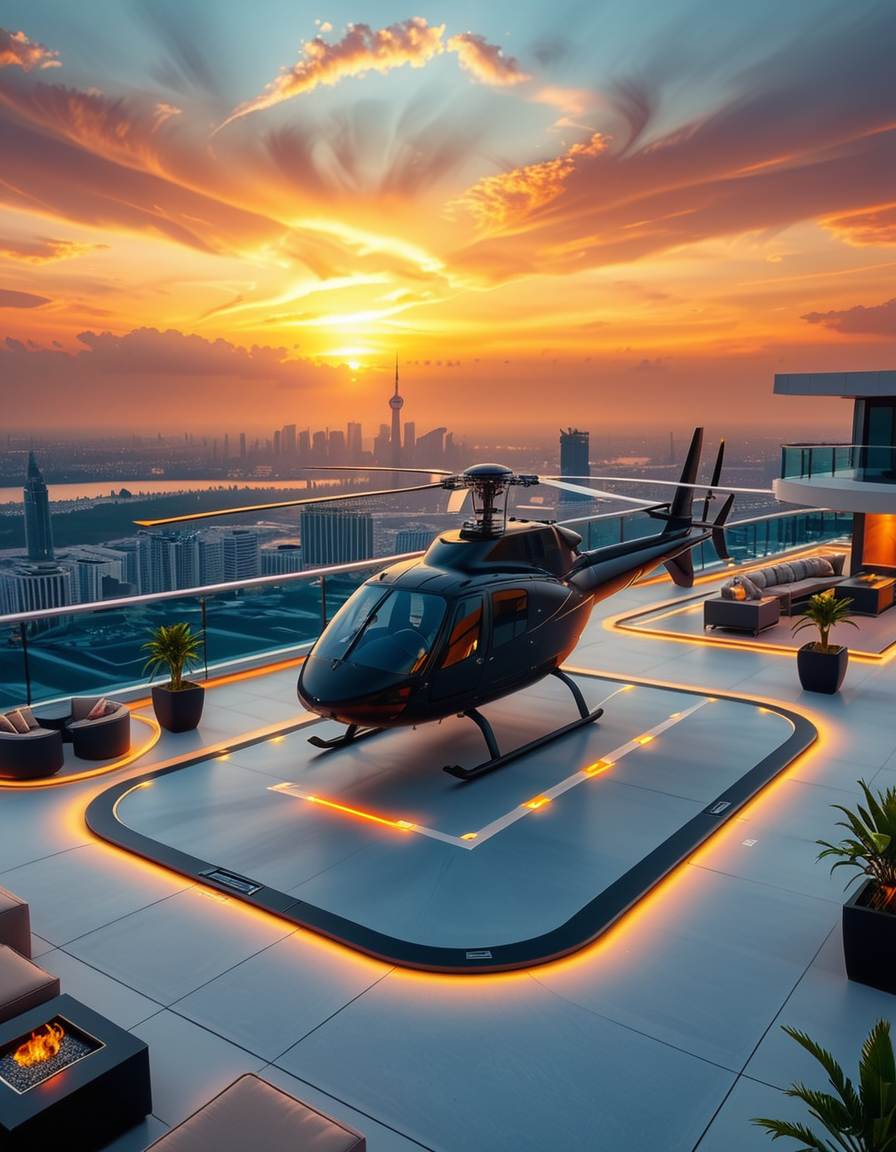 A high-resolution photo of a luxurious rooftop of a five-star hotel at sunset, featuring a sleek helipad with a high-end, matte-black private helicopter elegantly parked. The rooftop is designed with ultra-modern architecture, featuring a spacious terrace with infinity-edge glass railings, ambient lighting, and a panoramic city skyline in the background. The surface of the helipad is clean, polished concrete with clear illuminated markings. Surrounding the helipad, there are lounge areas with modern outdoor furniture, minimalist fire pits, and decorative planters with tropical greenery. The lighting is warm and golden, casting soft shadows and highlighting the contours of the helicopter and the textures of the rooftop. The sky is dramatic, painted with hues of orange, pink, and violet, creating a cinematic atmosphere of luxury and exclusivity. The overall mood is elite, calm, and aspirational, showcasing the ultimate in urban luxury lifestyle.
<lora:SDXLFaeTastic2400:0.4> <lora:extremely_detailed:0.4> extremely detailed, <lora:helipad_r00ft0p:1>,helipad r00ft0p, Masterpiece,best quality,hi res,8k,hi res,8k,award winning,(sharp focus, intricate, highly detailed),