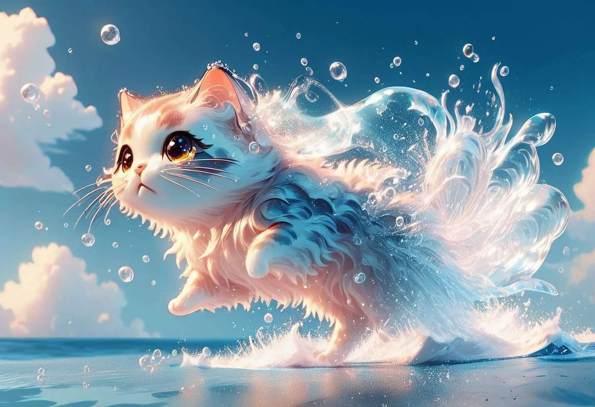 score_9, score_8_up,  score_7_up, score_6_up, BREAK, bubblytech, scifi, cute cat, fluffy , transparency, caustics, iridescent, cinematic angle, artistic rendition, splash around cat, puddles, summer, water elementals, textured sand, water splash, watereffects, creating splashes, wet, liquids, Ocean, Big waves, wind, motion blur, motion lines