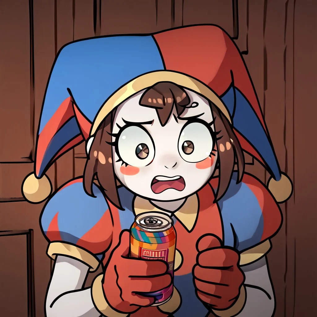 sscore_9, score_8_up, score_7_up, score_6_up, score_5_up, score_4_up, solo, 1girl, cute, old norm, brown hair, colored skin, white skin, blush stickers, jester cap, puffy short sleeves, gloves, holding can with rainbows on it, screaming