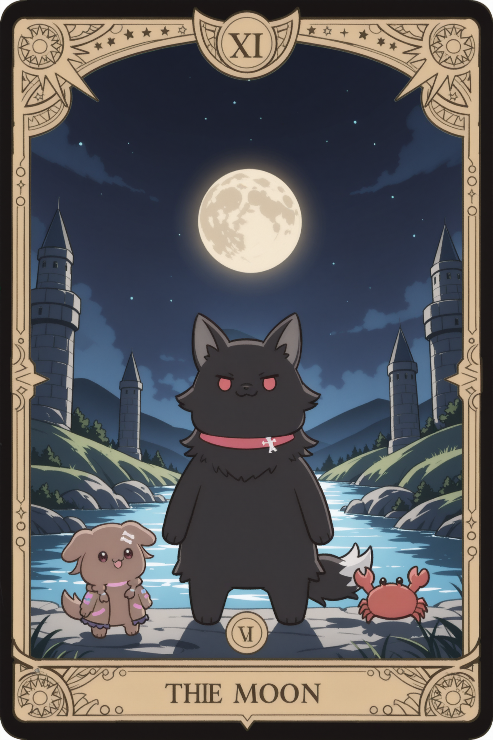 tarot card,the moon,kedama korone,inugami korone \(dog\),dog,fluffy dog ball,cute mascot style,ookami mio as full body black wolf,realistic majestic black wolf with red eyes,both howling at the moon,glowing full moon with face,twin stone towers,mystical night sky,dreamy fantasy landscape,river with crab in foreground,soft glowing light,symmetrical tarot layout,detailed background,inspired by rider waite tarot,ornate border,highly detailed illustration,fantasy art,digital painting,<lora:kedama:1>,2girls,