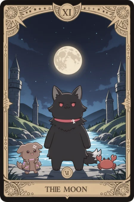 tarot card,the moon,kedama korone,inugami korone \(dog\),dog,fluffy dog ball,cute mascot style,ookami mio as full body black wolf,realistic majestic black wolf with red eyes,both howling at the moon,glowing full moon with face,twin stone towers,mystical night sky,dreamy fantasy landscape,river with crab in foreground,soft glowing light,symmetrical tarot layout,detailed background,inspired by rider waite tarot,ornate border,highly detailed illustration,fantasy art,digital painting,<lora:kedama:1>,2girls,