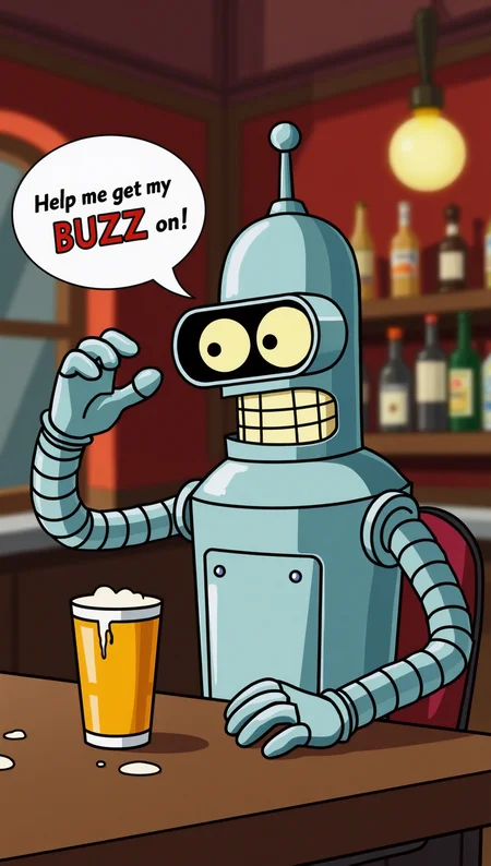Animation style Bender the robot from the show Fururama sitting in a bar holding an empty beer glass and looking directly at the viewer. There is a speech bubble coming out of his mouth with the text "Help me get my BUZZ on!". The surrounding area is of a bar