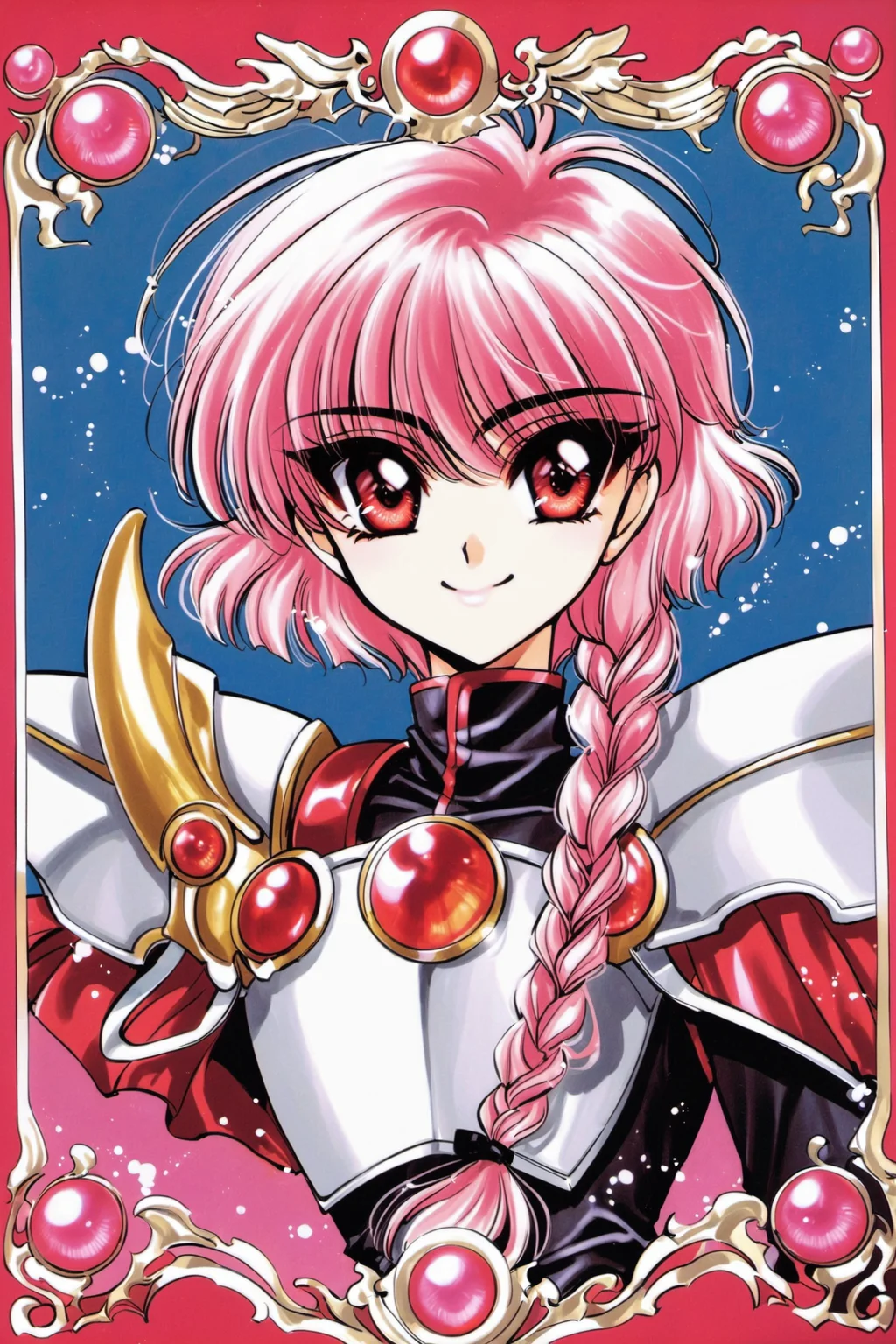 Shidou Hikaru, 1girl, solo, red eyes, pink hair, 1990s \(style\), armor, retro artstyle, braid, smile,<lora:Magic knight Rayearth_XL:0.8>,