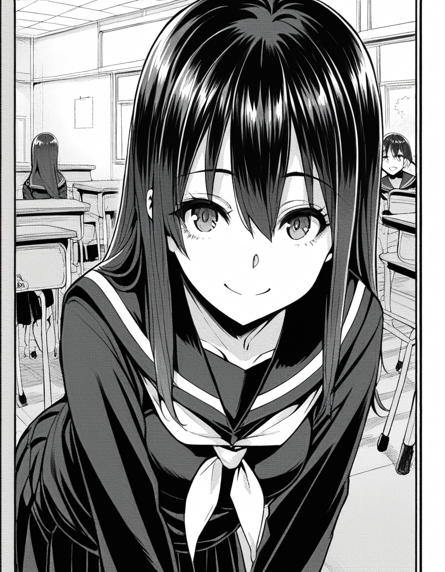 score_9, score_8_up, score_7_up, source_anime,
sakiyoshida, <lora:saki-yoshida-manga-ponyxl-lora-nochekaiser:1>,
saki yoshida, long hair, hair between eyes, monochrome, greyscale,
black hair, skirt, pleated skirt, serafuku, shirt, long sleeves, long skirt, sailor collar, neckerchief, black shirt,
indoors, classroom, bent over, smile,
looking at viewer, solo, dutch angle, cowboy shot,