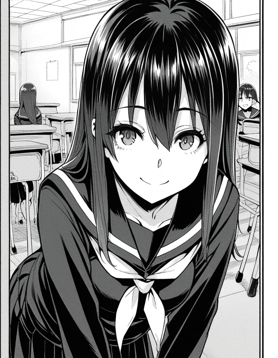 score_9, score_8_up, score_7_up, source_anime,
sakiyoshida, <lora:saki-yoshida-manga-ponyxl-lora-nochekaiser:1>,
saki yoshida, long hair, hair between eyes, monochrome, greyscale,
black hair, skirt, pleated skirt, serafuku, shirt, long sleeves, long skirt, sailor collar, neckerchief, black shirt,
indoors, classroom, bent over, smile,
looking at viewer, solo, dutch angle, cowboy shot,