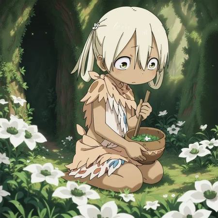 score_9, score_8_up, score_7_up, score_6_up, score_5_up, score_4_up, source_anime, full-length portrait, side view BREAK A child is kneeling in the grass and is holding a bowl filled with flowers and clovers, mirumyuui, female, tribal outfit, kneeling, looking aside, holding bowl, confusion, grass, white flower, bush, moss, clover, detailed background, clutter, dynamic, intricate <lora:Made In Abyss - CharactersXL v0.6b-000005:1> <lora:zy_Detailed_Backgrounds_v1:0.75>