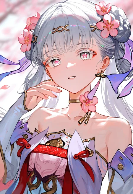1girl,jinhsi_\(wuthering_waves\),jinhsi_\(peach_blossom\)_\(wuthering_waves\),solo,jewelry,hair rings,earrings,hair flower,hair ornament,detached sleeves,long hair,bare shoulders,twintails,choker,grey hair,white eyes,symbol-shaped pupils,pink pupils,collarbone,white sleeves,strapless,pink flower,
upper body,hand up,
(tianliang duohe fangdongye:0.6),(wlop:0.3),(ciloranko:0.4),(kani biimu:0.3),(ningen mame:0.6),newest,absurdres,highres,masterpiece,best quality,very awa,year 2024,
<lora:jinxinew_NoobVpred10:1>,