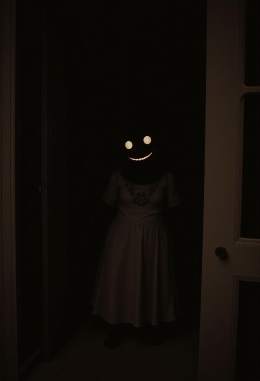 Night room, dark room, completely darkened room, sepia, grainy, creepy environment. Creepypasta is a scary entity in the form of a girl with very big eyes and a scary smile. A creepy look from the shadows.