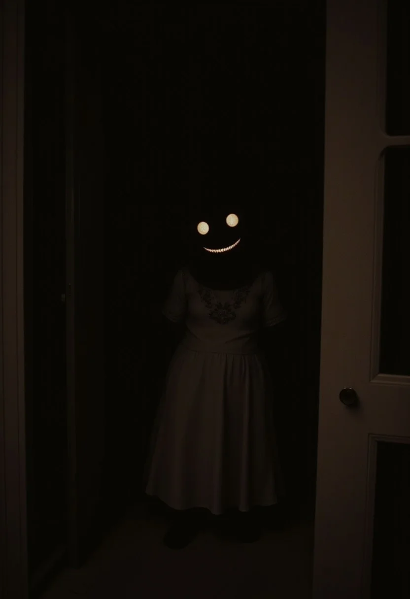 Night room, dark room, completely darkened room, sepia, grainy, creepy environment. Creepypasta is a scary entity in the form of a girl with very big eyes and a scary smile. A creepy look from the shadows.