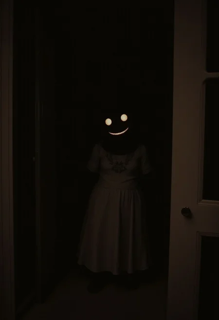 Night room, dark room, completely darkened room, sepia, grainy, creepy environment. Creepypasta is a scary entity in the form of a girl with very big eyes and a scary smile. A creepy look from the shadows.