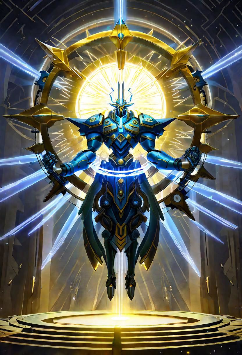 ncrender of a majestic godlike being with mechanical limbs and a mechanical halo surrounded by beams of light,art by ncrender
