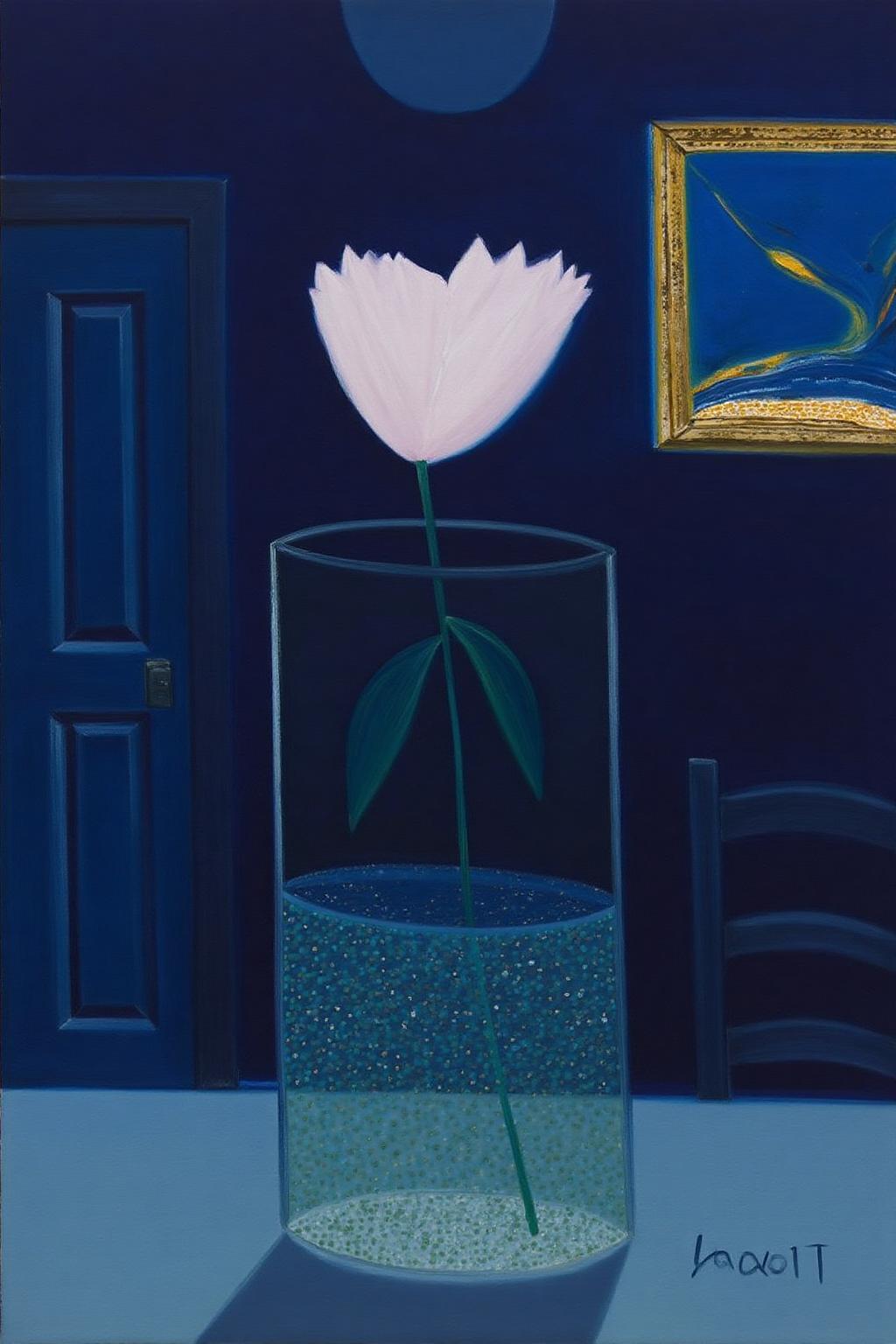 mawo1 painting
A painting of a dark night scene, with a surreal, abstract style. It depicts a single, large, light pink flower with white petals in a tall, cylindrical glass vase. The vase is filled with a shimmering, iridescent liquid that reflects subtle sparkles. The flower's stem is slender and green, with a few leaves that are dark green and slightly curved. The background features a deep, dark blue wall with a subtle gradient that transitions into a lighter blue at the top. There is a door on the left. A painting hangs on the wall at the top right hand corner. <lora:mawo1_cap_d6a3e12:1.0><lora:821396488300128818:0>