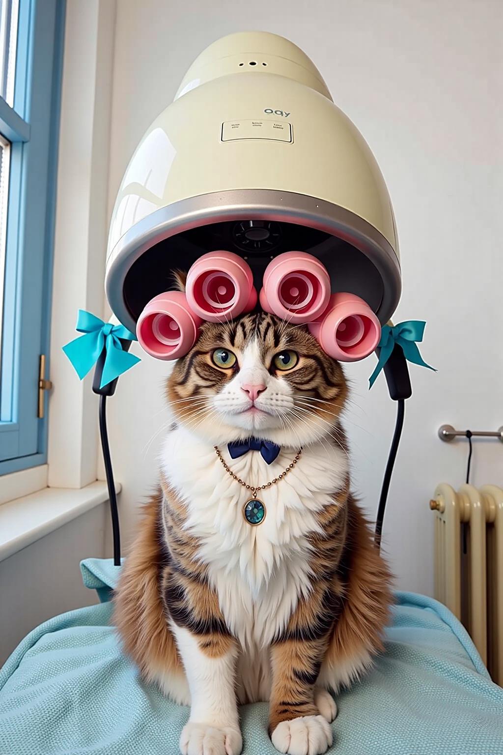 a cat is wearing a  a necklace and a bracelet. The cat is under a vintage hair dryer, with curling curlers and pink curling hair. The curlers are secured by a blue ribbon, adding a pop of color to the scene. The backdrop is a stark white wall, and a window with a blue frame. A radiator is visible on the right side of the frame. <lora:vintage_hair_dryer_v1:1.0> <lora:Flux-Sch-SingleBlocks-BF16:1.0><lora:803955158687005583:0>