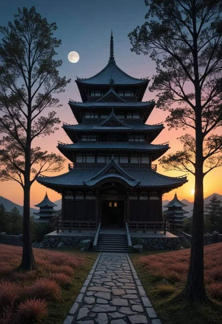 anime art, a breathtaking ultra-HD anime-style illustration of a electro_style, cowboy, masterpiece, best quality, newest, absurdres, highres, by an ancient japanese edo castle made out of fractangles, sunset, ink artwork, sharp color, fractangle sakura trees in the background, moon in background. The atmosphere is tranquil yet powerful, evoking a sense of nostalgia and wonder. Highly detailed character, precise silhouette, cinematic lighting, ultra-realistic textures, dreamy and immersive composition, masterpiece. sharp, ultra hd, 8k, 4k, artstation, (Fractangles), movie poster